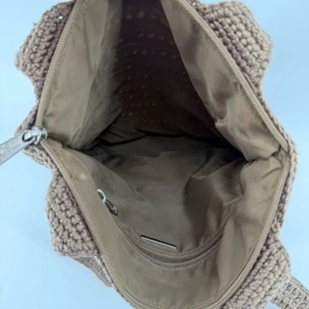 The Sak Brown Crochet Shoulder Bag Zipper Tote Textured Knit Boho Handbag